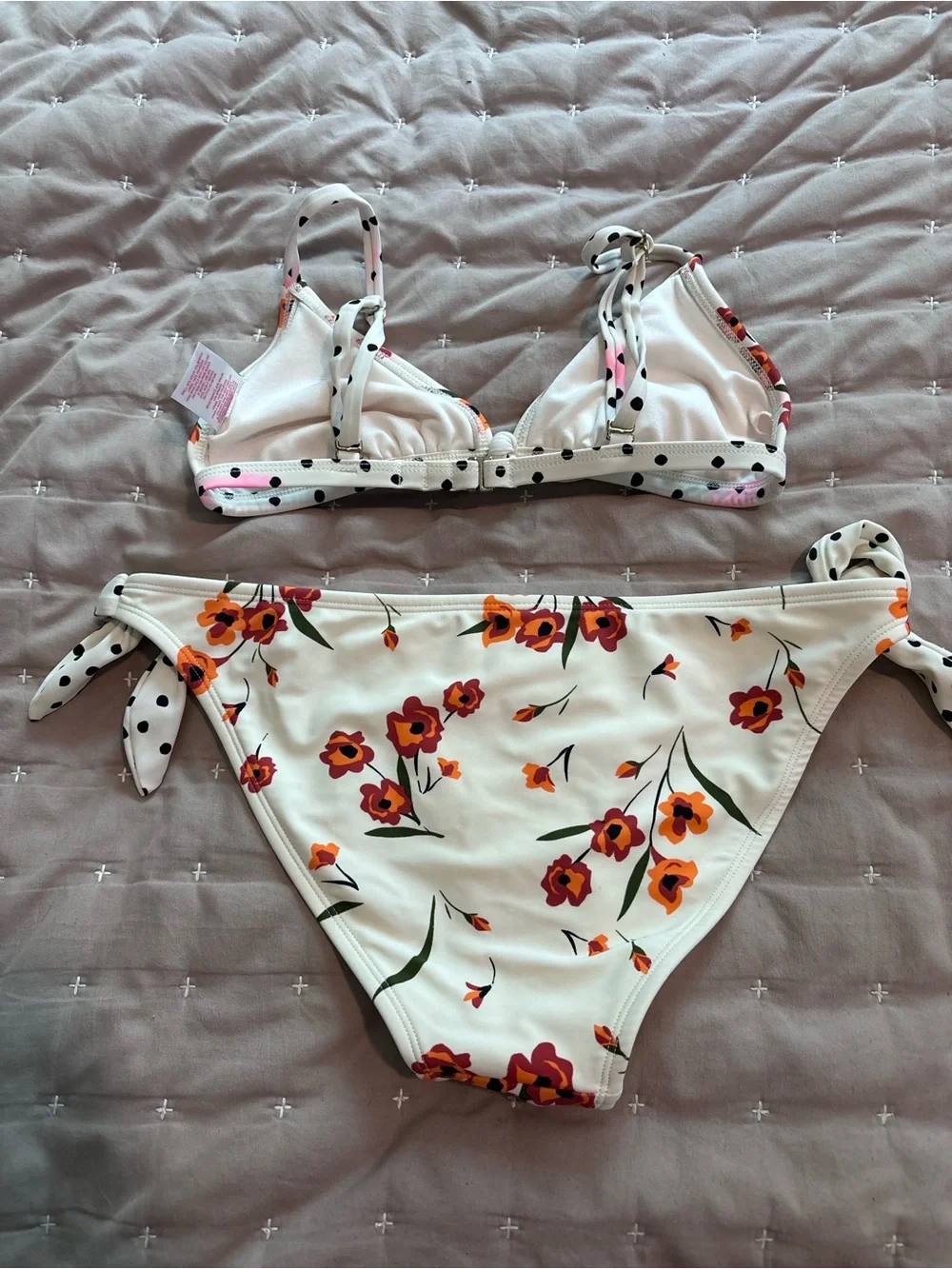 Xhilaration White Floral Bikini Set with Orange Flowers and Black Polka-Dot Ties